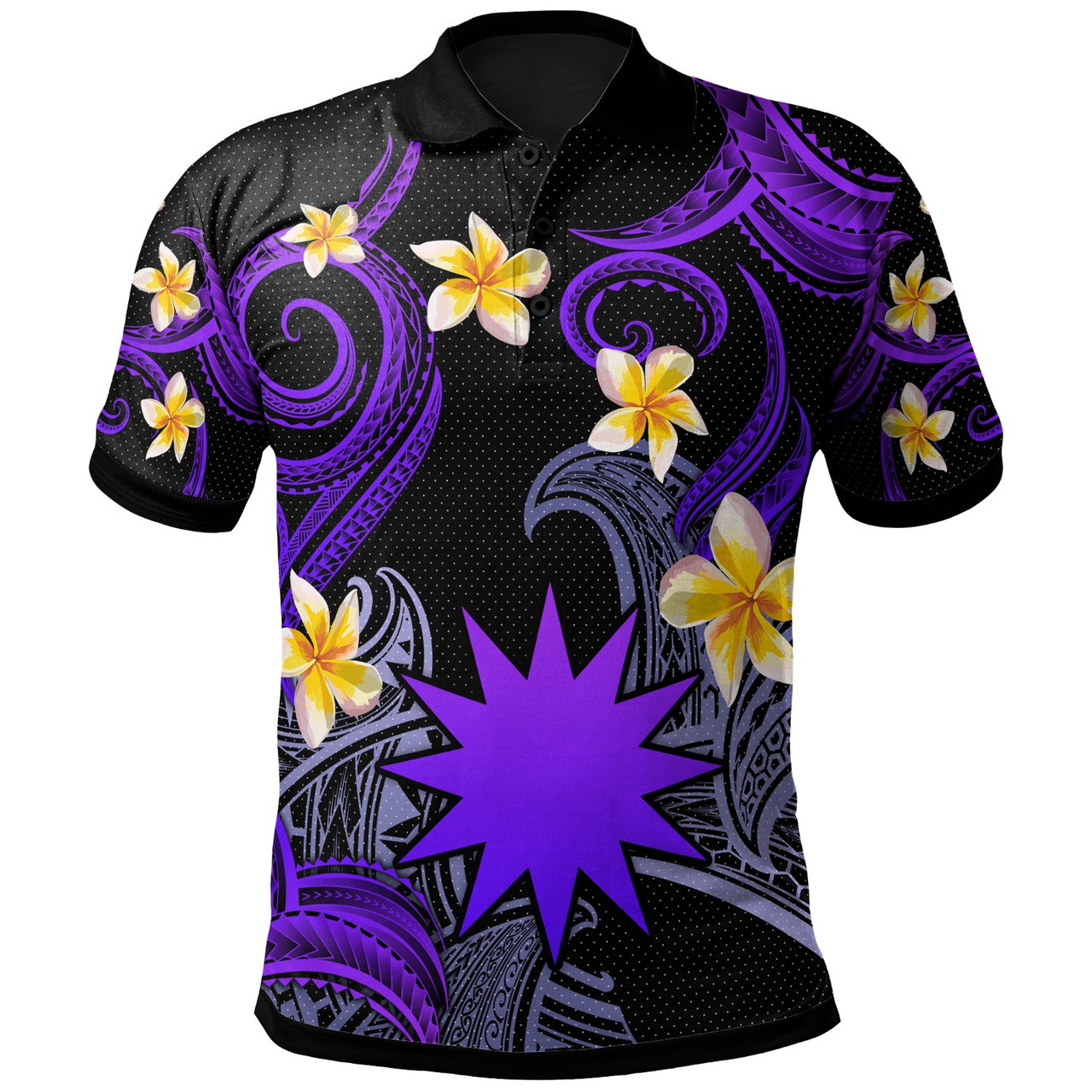 Nauru Polo Shirt - Custom Personalised Polynesian Waves with Plumeria Flowers (Purple)