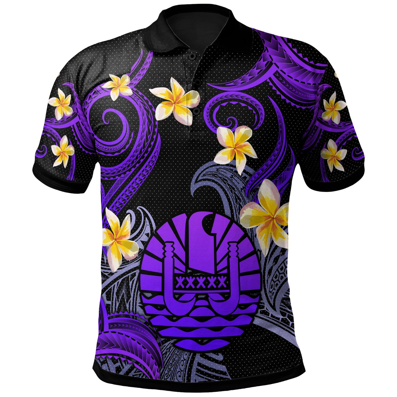 Tahiti Polo Shirt - Custom Personalised Polynesian Waves with Plumeria Flowers (Purple)