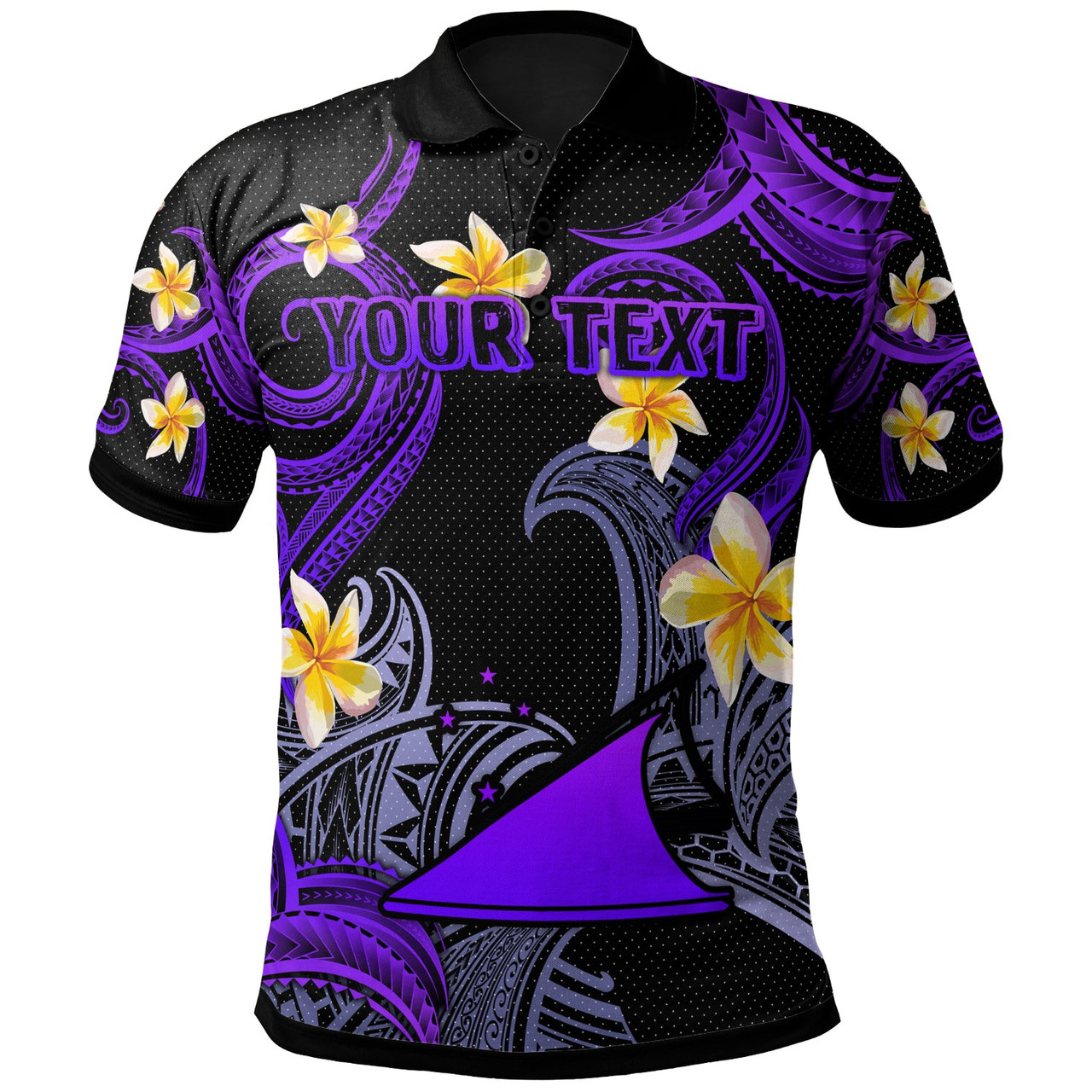 Tokelau Polo Shirt - Custom Personalised Polynesian Waves with Plumeria Flowers (Purple)