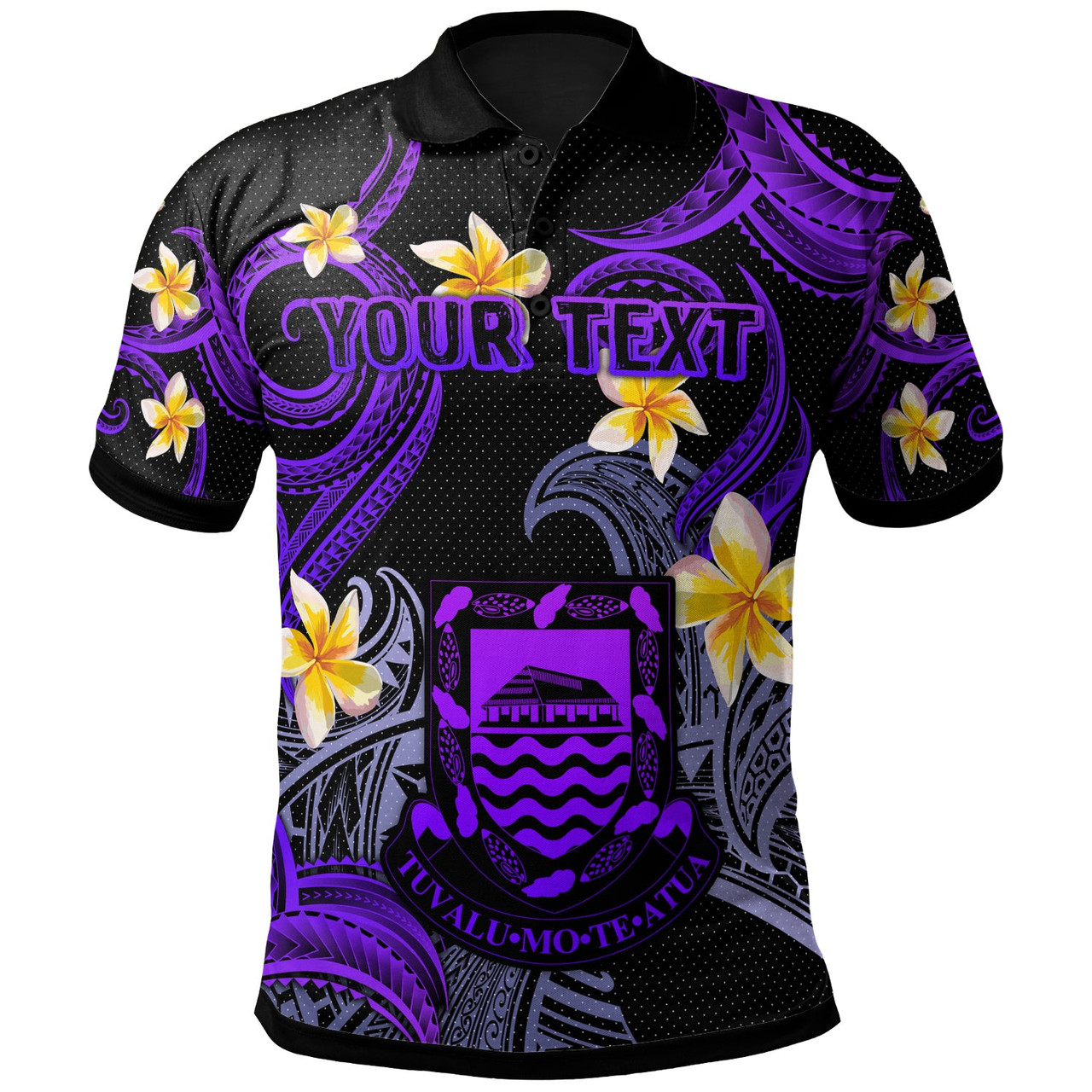 Tuvalu Polo Shirt - Custom Personalised Polynesian Waves with Plumeria Flowers (Purple)