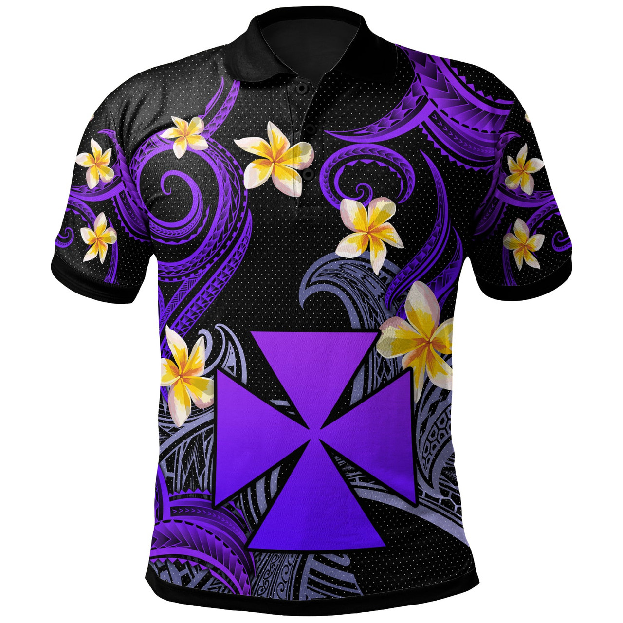 Wallis and Futuna Polo Shirt - Custom Personalised Polynesian Waves with Plumeria Flowers (Purple)