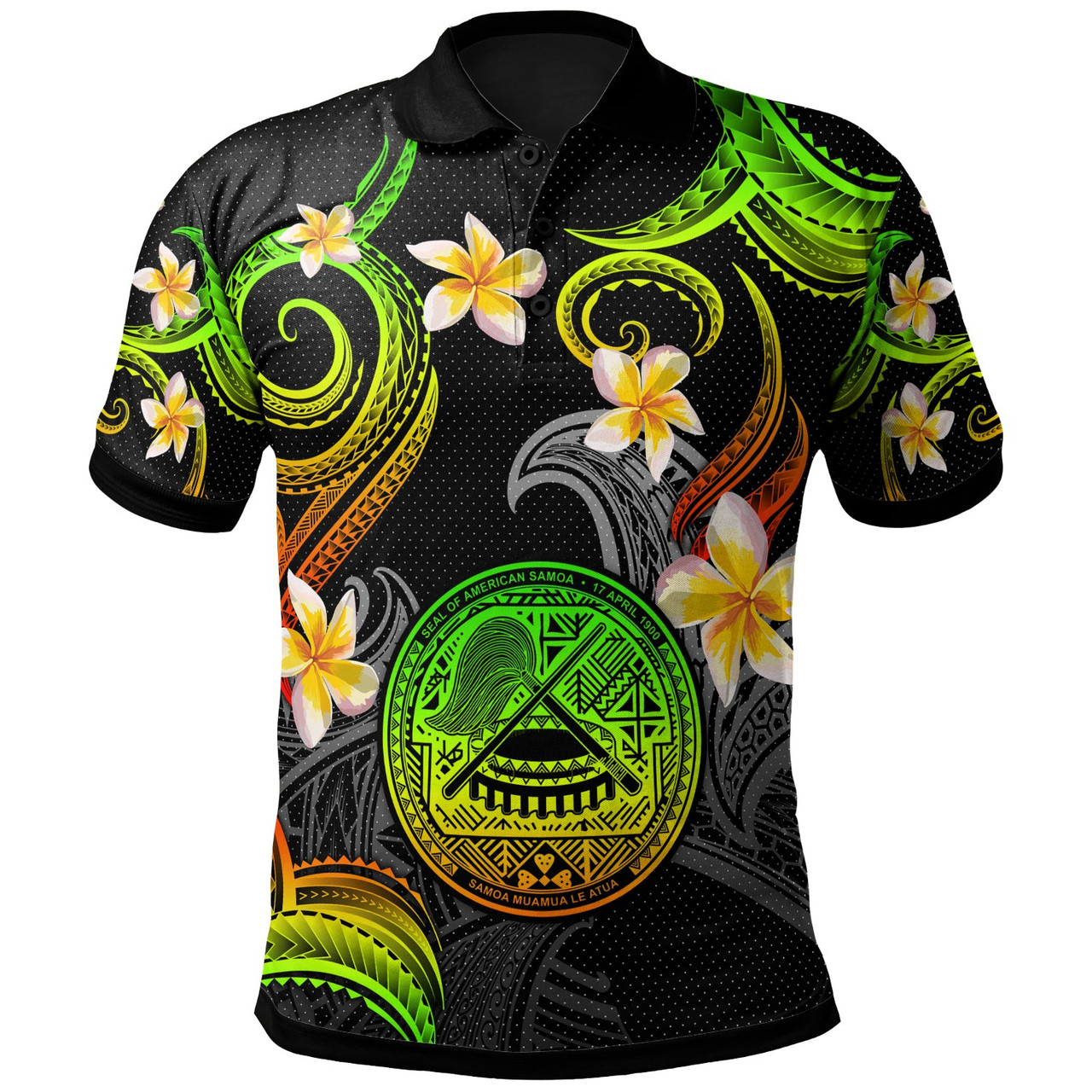 American Samoa Polo Shirt - Custom Personalised Polynesian Waves with Plumeria Flowers (Reggae)