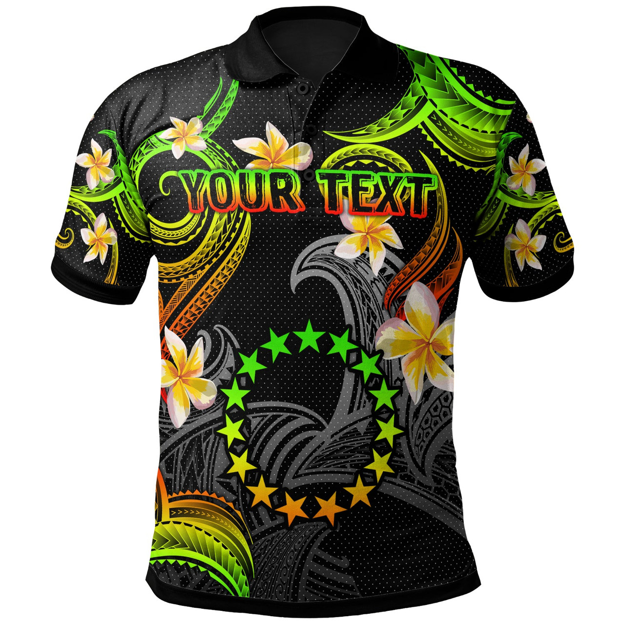 Cook Islands Polo Shirt - Custom Personalised Polynesian Waves with Plumeria Flowers (Reggae)