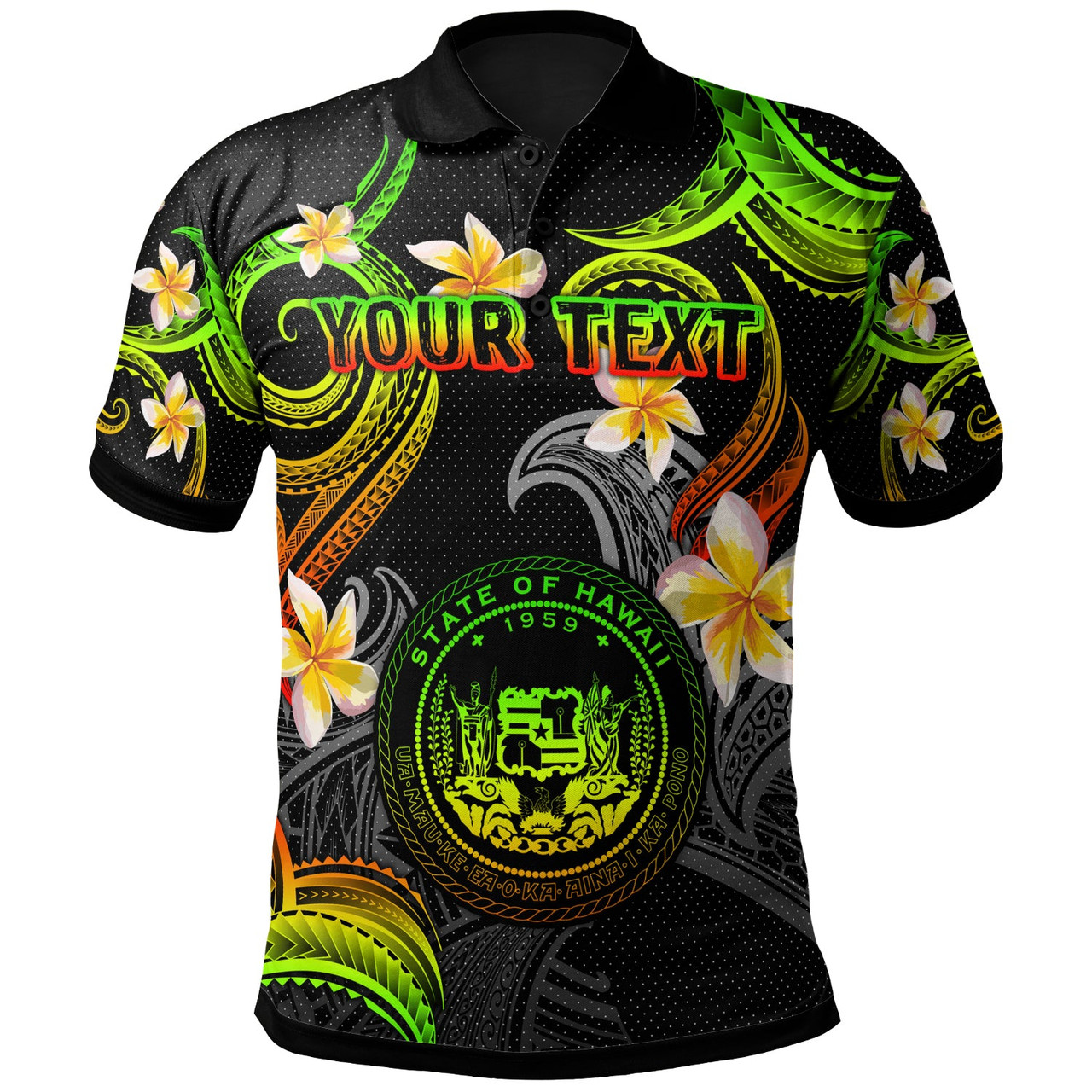 Hawaii Polo Shirt - Custom Personalised Polynesian Waves with Plumeria Flowers (Reggae)