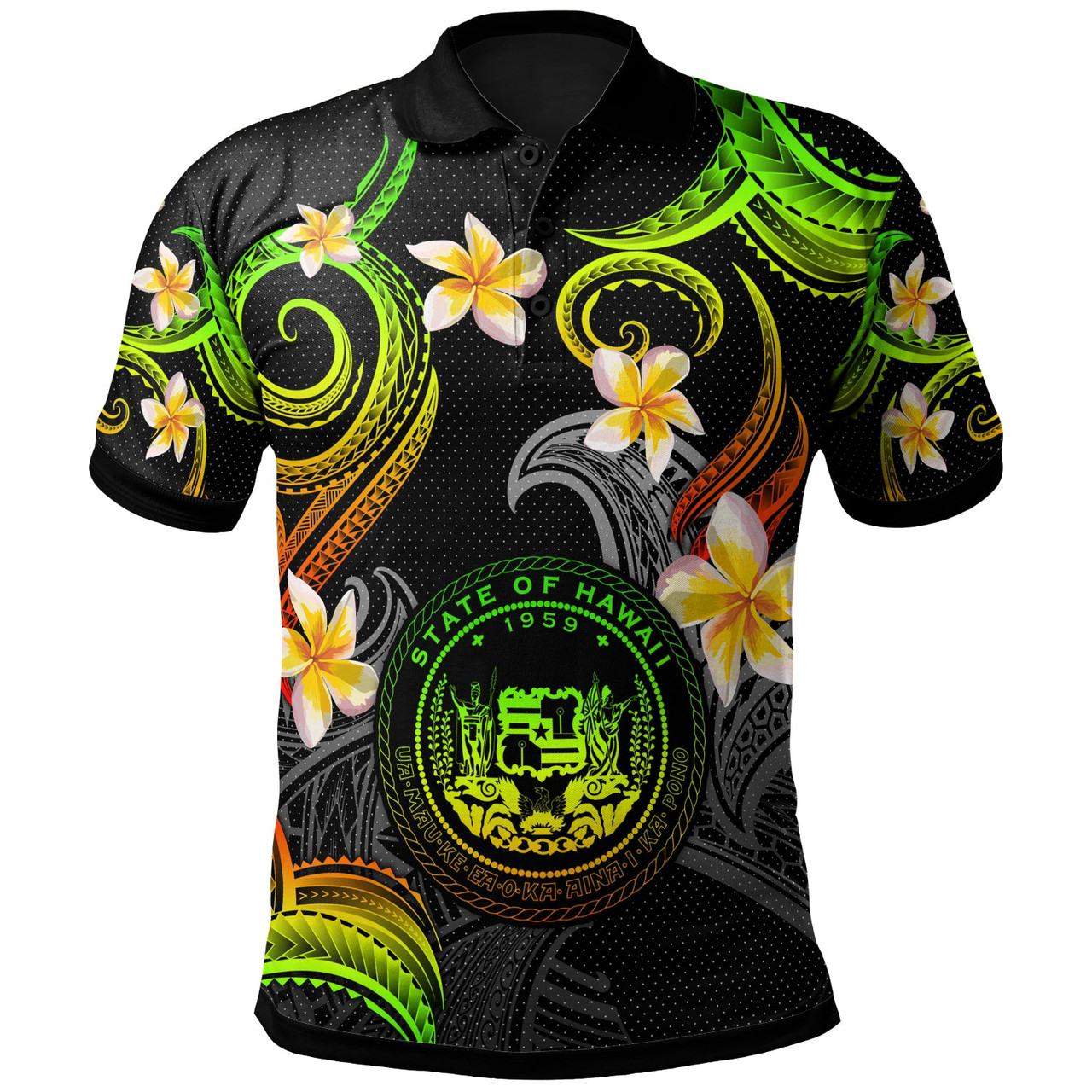 Hawaii Polo Shirt - Custom Personalised Polynesian Waves with Plumeria Flowers (Reggae)