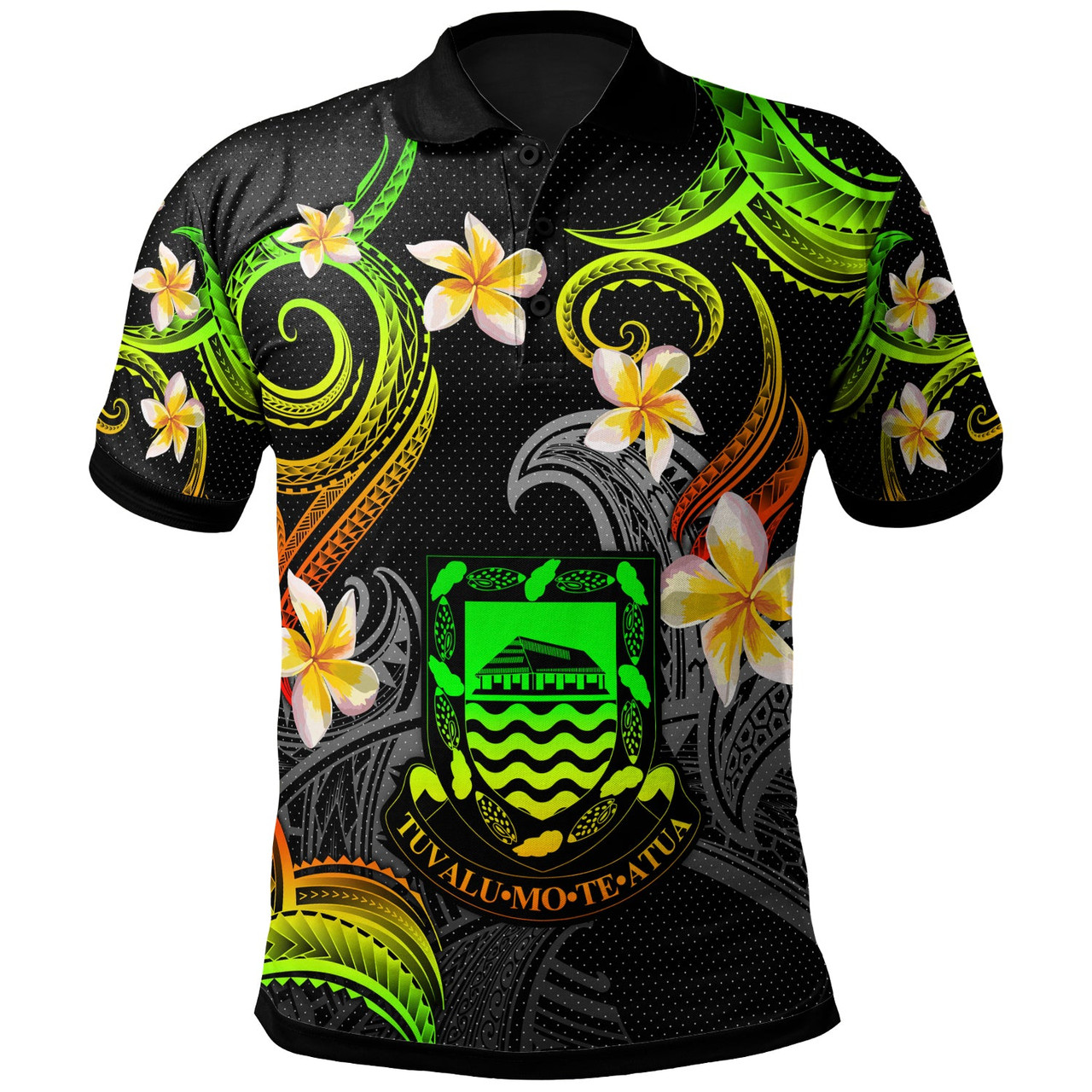 Tuvalu Polo Shirt - Custom Personalised Polynesian Waves with Plumeria Flowers (Reggae)