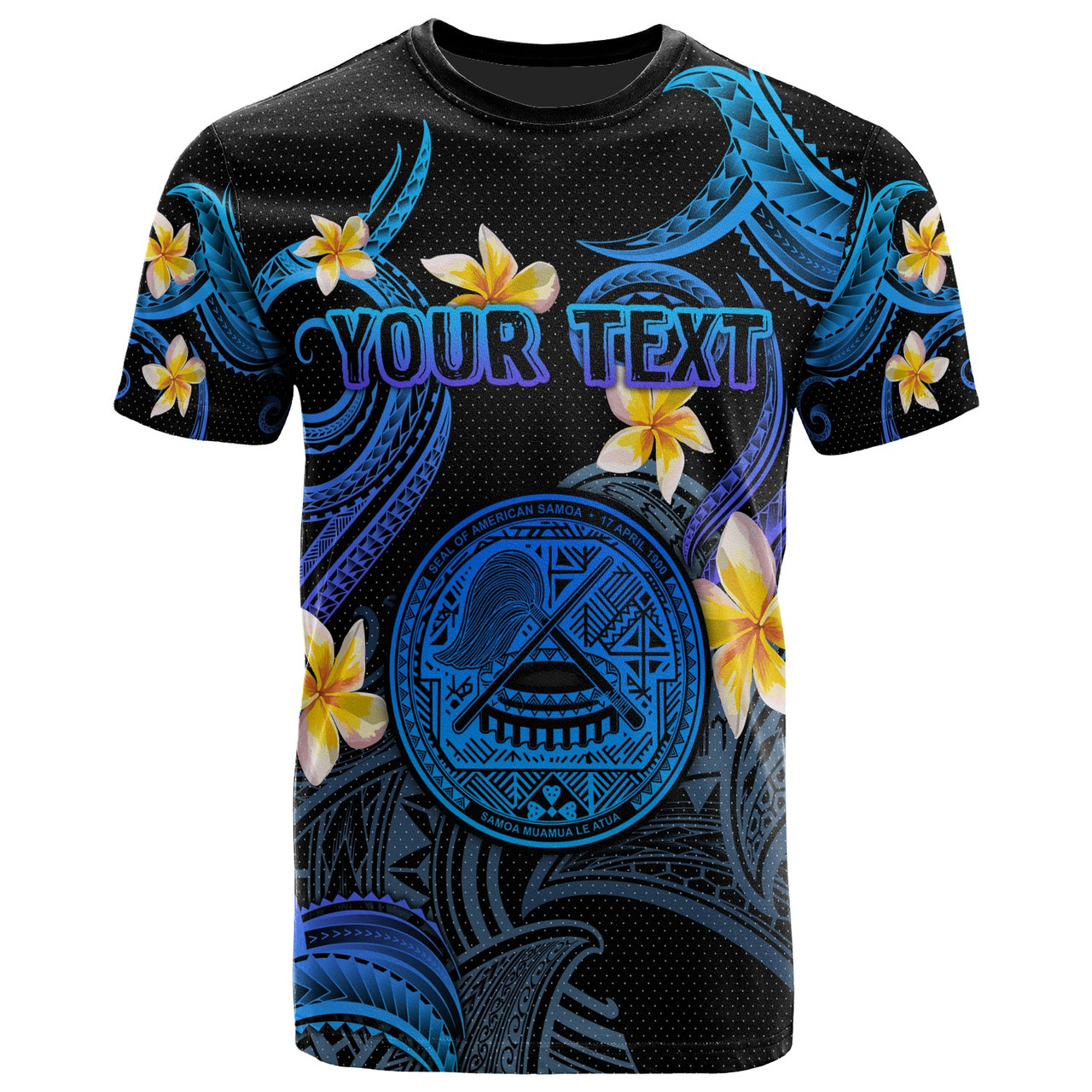 American Samoa T-shirt - Custom Personalised Polynesian Waves with Plumeria Flowers (Blue)