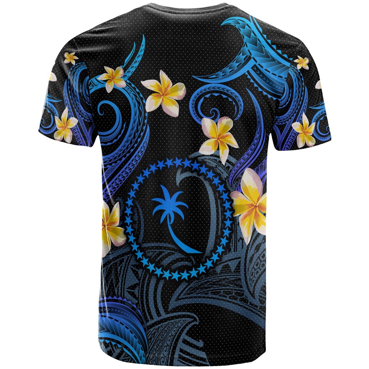 Chuuk T-shirt - Custom Personalised Polynesian Waves with Plumeria Flowers (Blue)