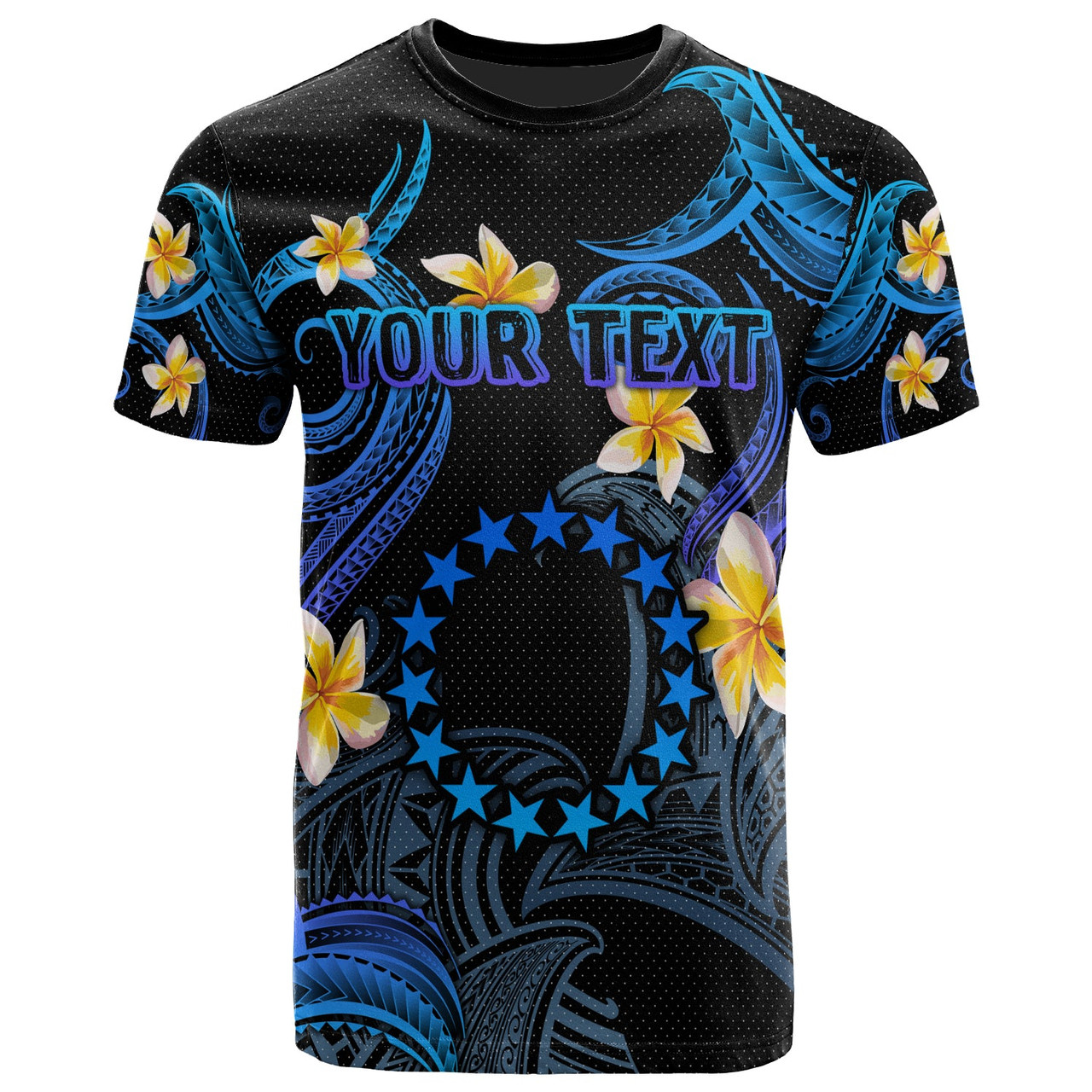 Cook Islands T-shirt - Custom Personalised Polynesian Waves with Plumeria Flowers (Blue)