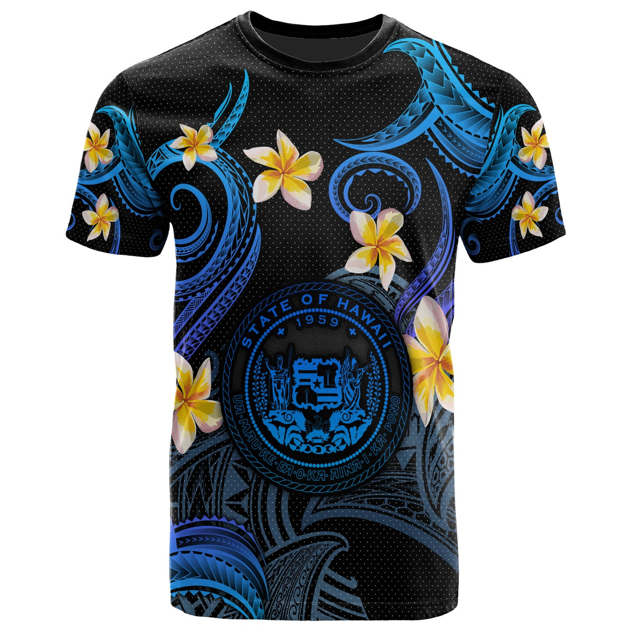 Hawaii T-shirt - Custom Personalised Polynesian Waves with Plumeria Flowers (Blue)