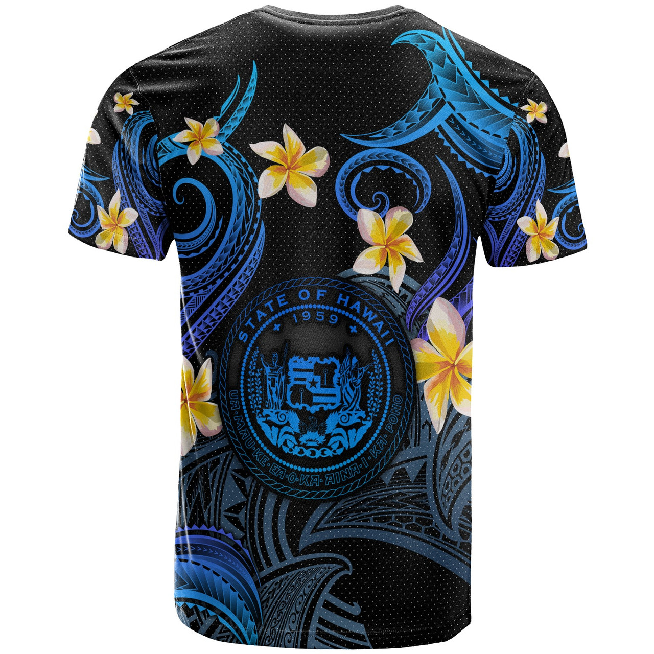 Hawaii T-shirt - Custom Personalised Polynesian Waves with Plumeria Flowers (Blue)