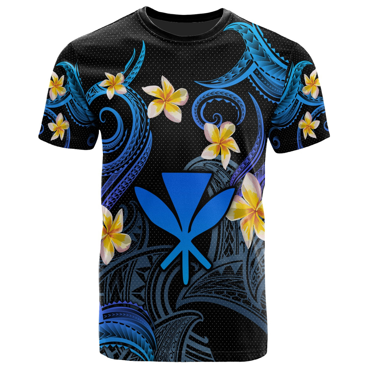 Kanaka Maoli T-shirt - Custom Personalised Polynesian Waves with Plumeria Flowers (Blue)