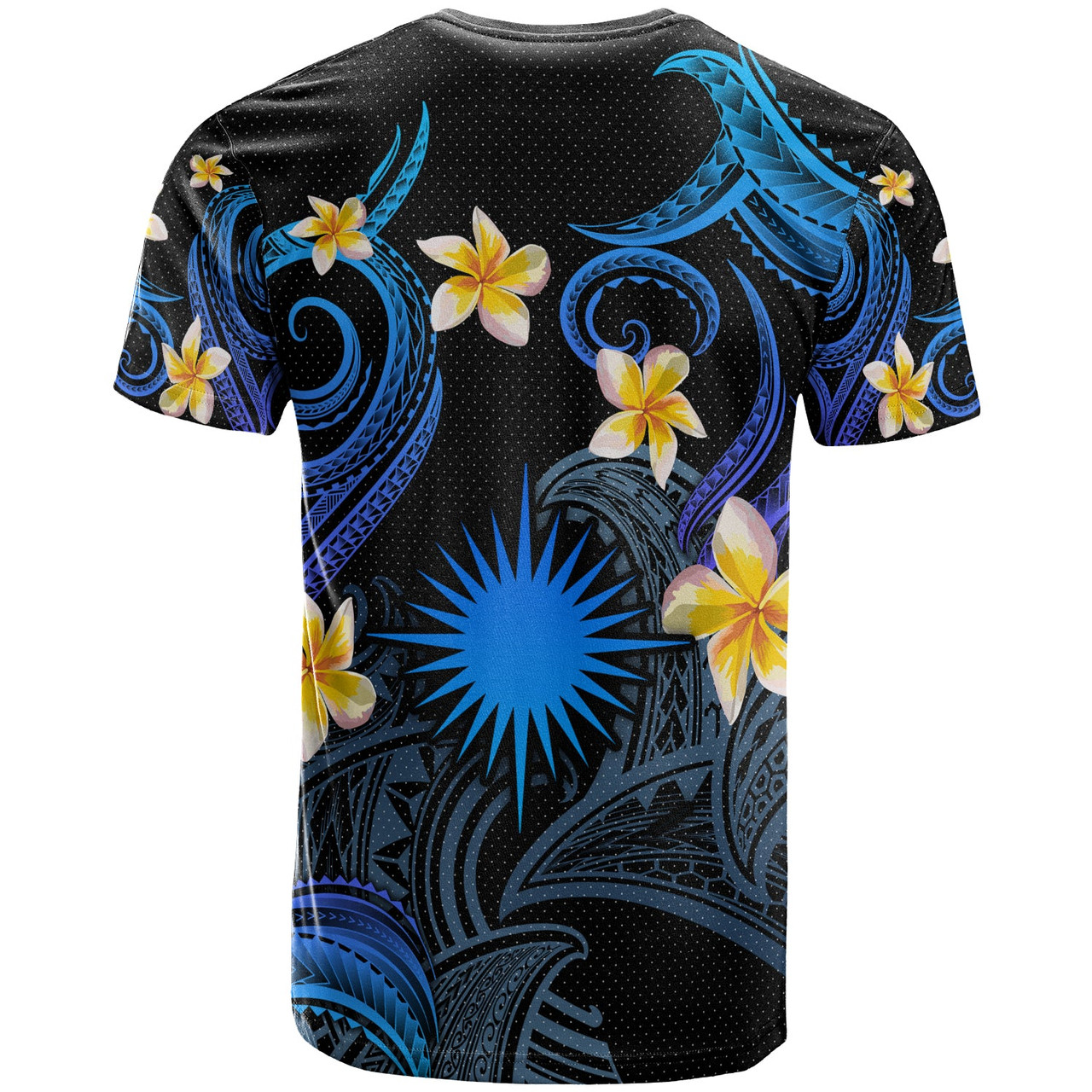 Marshall Islands T-shirt - Custom Personalised Polynesian Waves with Plumeria Flowers (Blue)