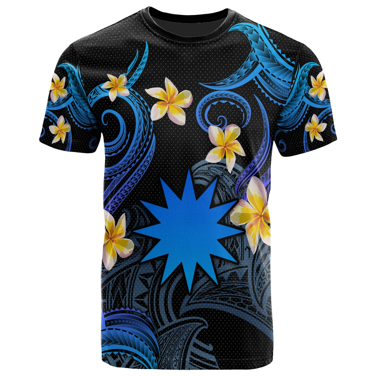 Nauru T-shirt - Custom Personalised Polynesian Waves with Plumeria Flowers (Blue)