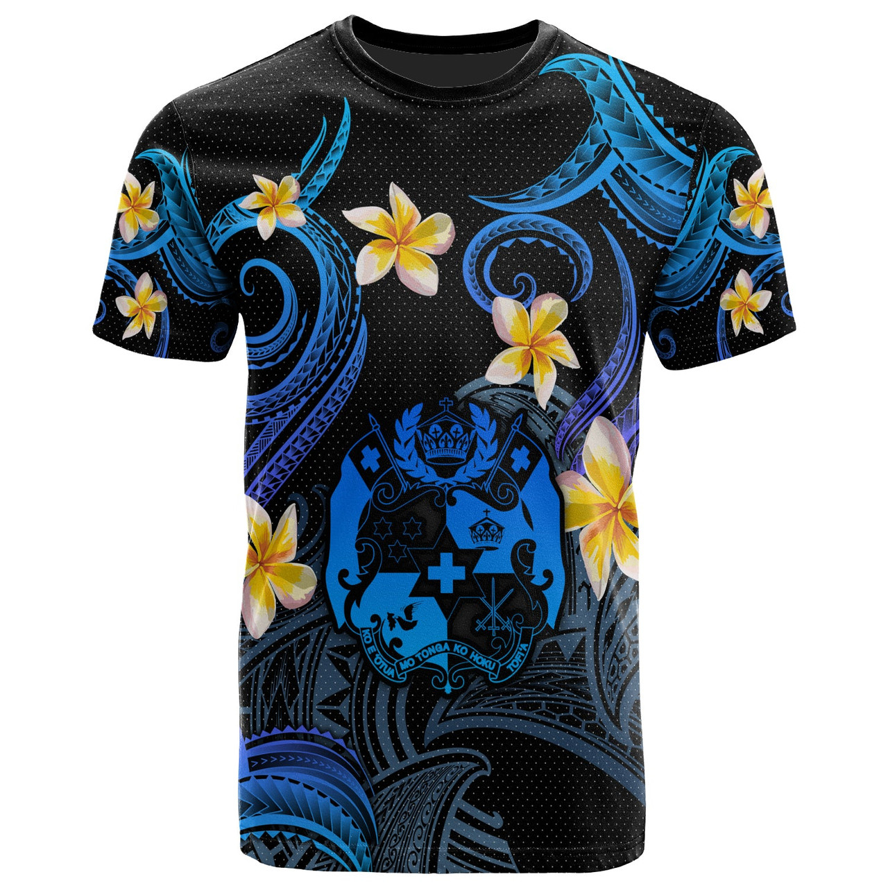 Tonga T-shirt - Custom Personalised Polynesian Waves with Plumeria Flowers (Blue)