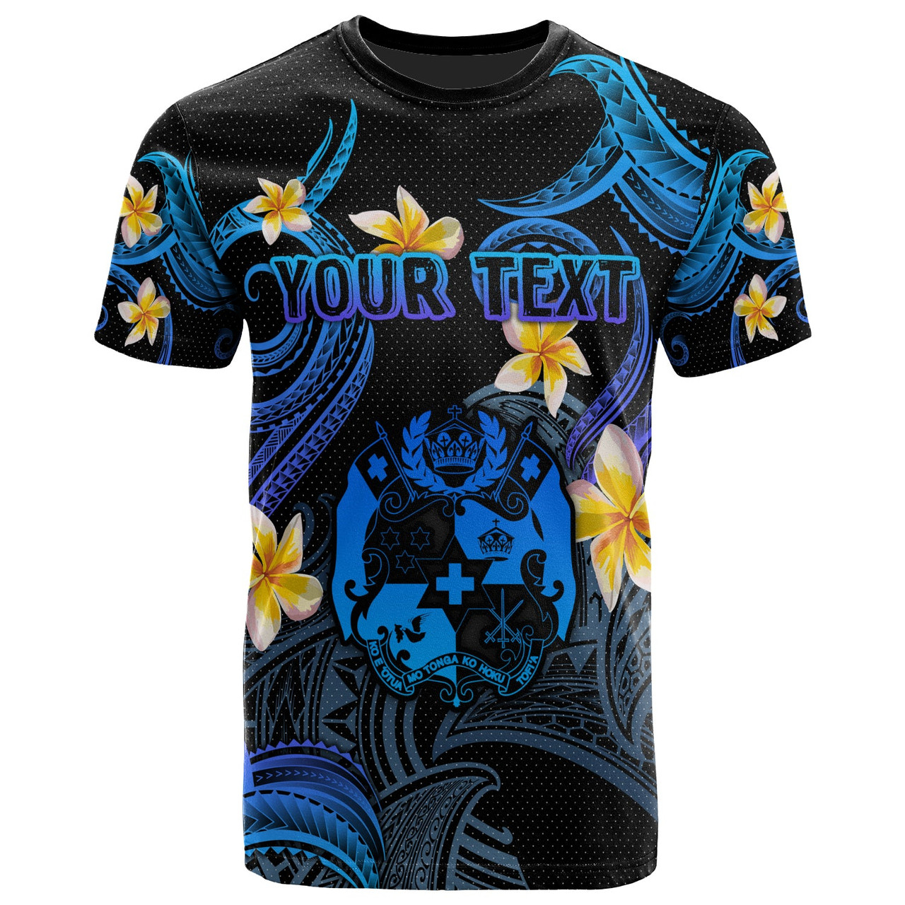 Tonga T-shirt - Custom Personalised Polynesian Waves with Plumeria Flowers (Blue)