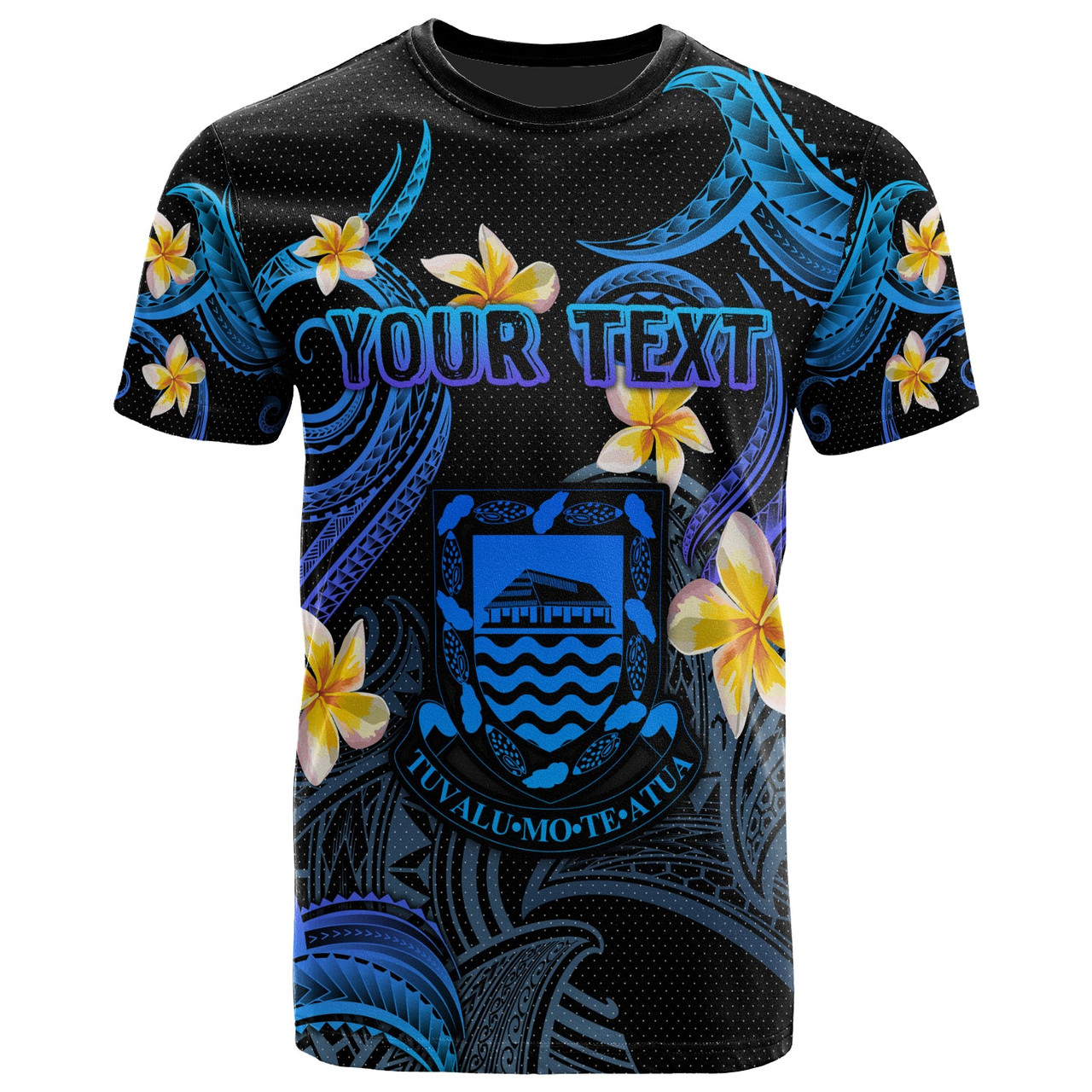 Tuvalu T-shirt - Custom Personalised Polynesian Waves with Plumeria Flowers (Blue)