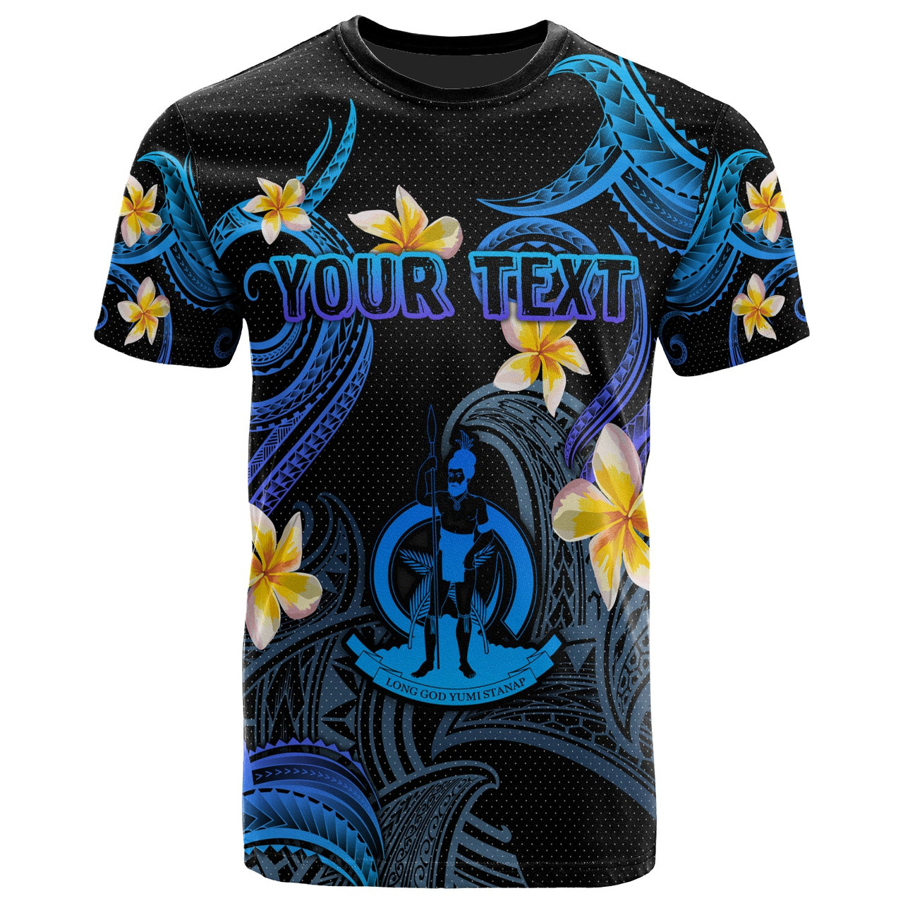 Vanuatu T-shirt - Custom Personalised Polynesian Waves with Plumeria Flowers (Blue)