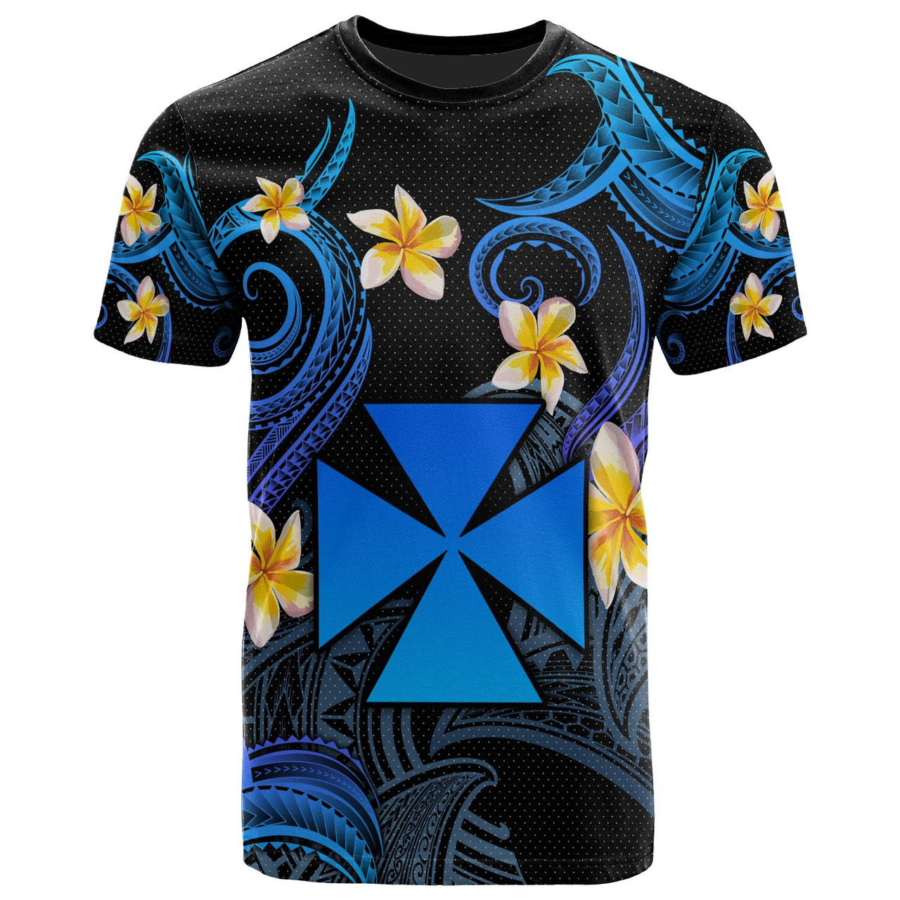 Wallis and Futuna T-shirt - Custom Personalised Polynesian Waves with Plumeria Flowers (Blue)