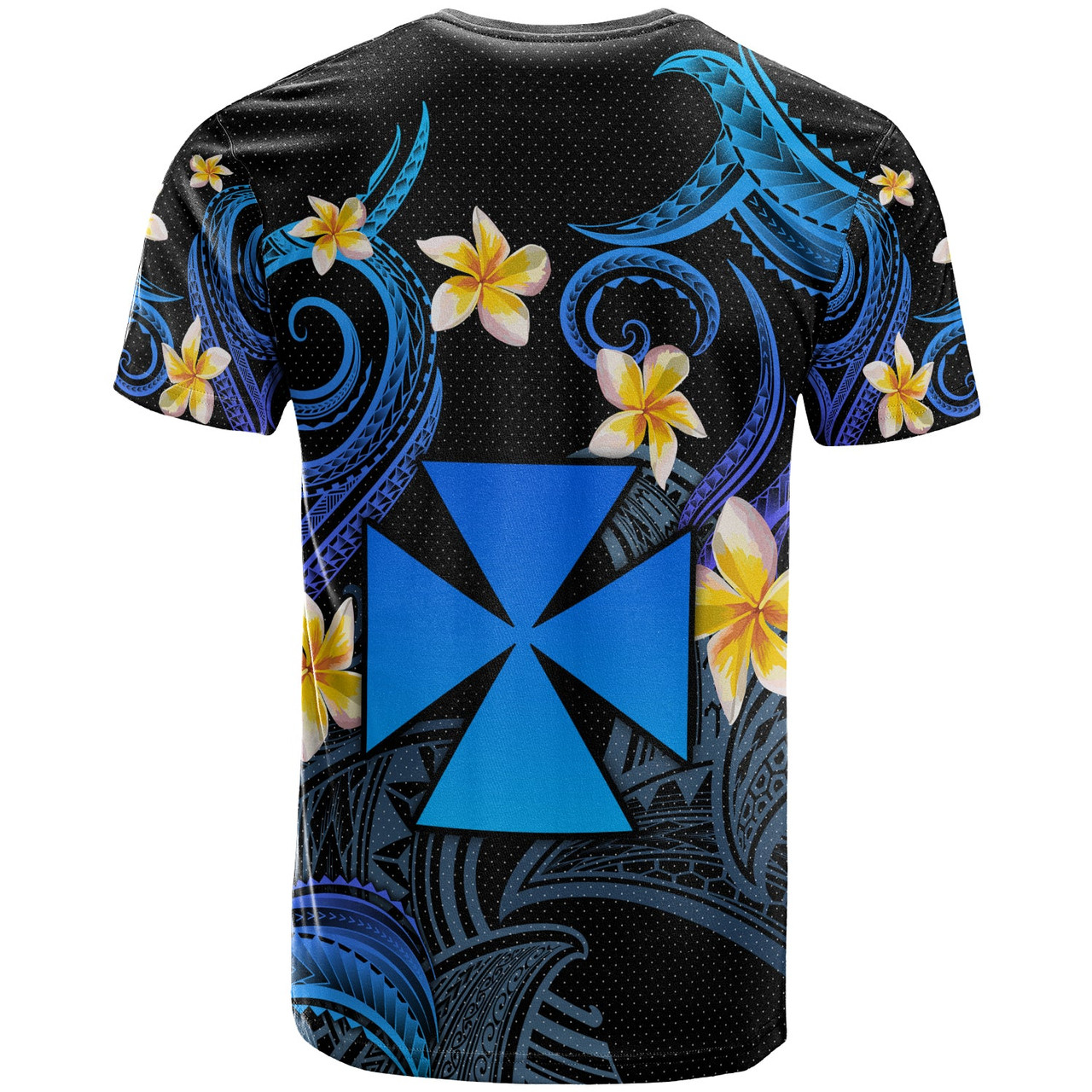 Wallis and Futuna T-shirt - Custom Personalised Polynesian Waves with Plumeria Flowers (Blue)