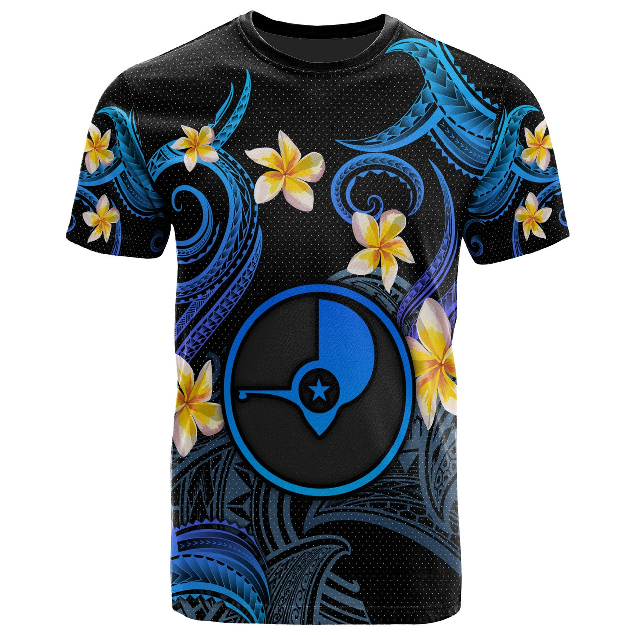 Yap T-shirt - Custom Personalised Polynesian Waves with Plumeria Flowers (Blue)