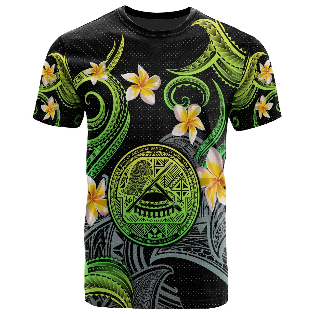 American Samoa T-shirt - Custom Personalised Polynesian Waves with Plumeria Flowers (Green)