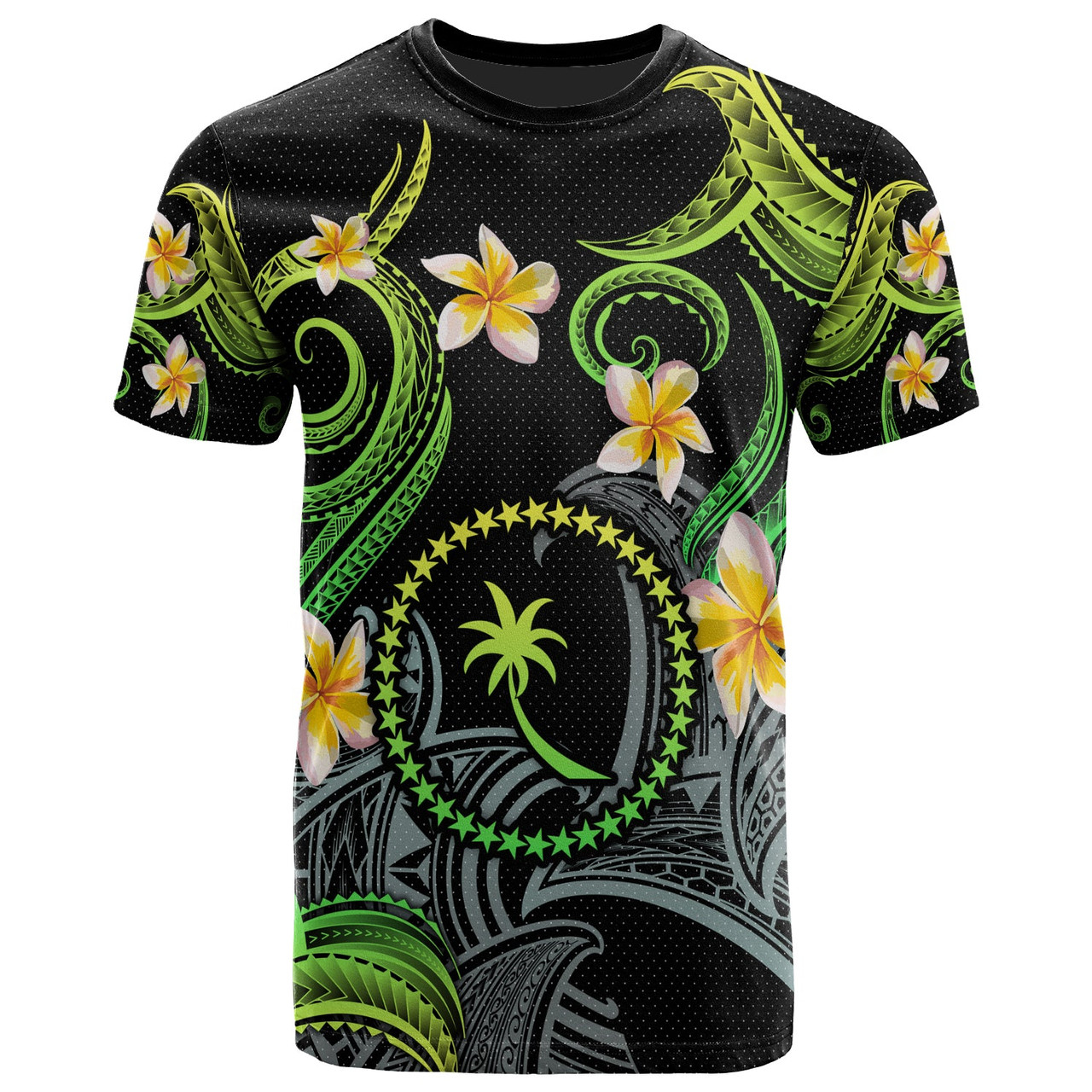 Chuuk T-shirt - Custom Personalised Polynesian Waves with Plumeria Flowers (Green)