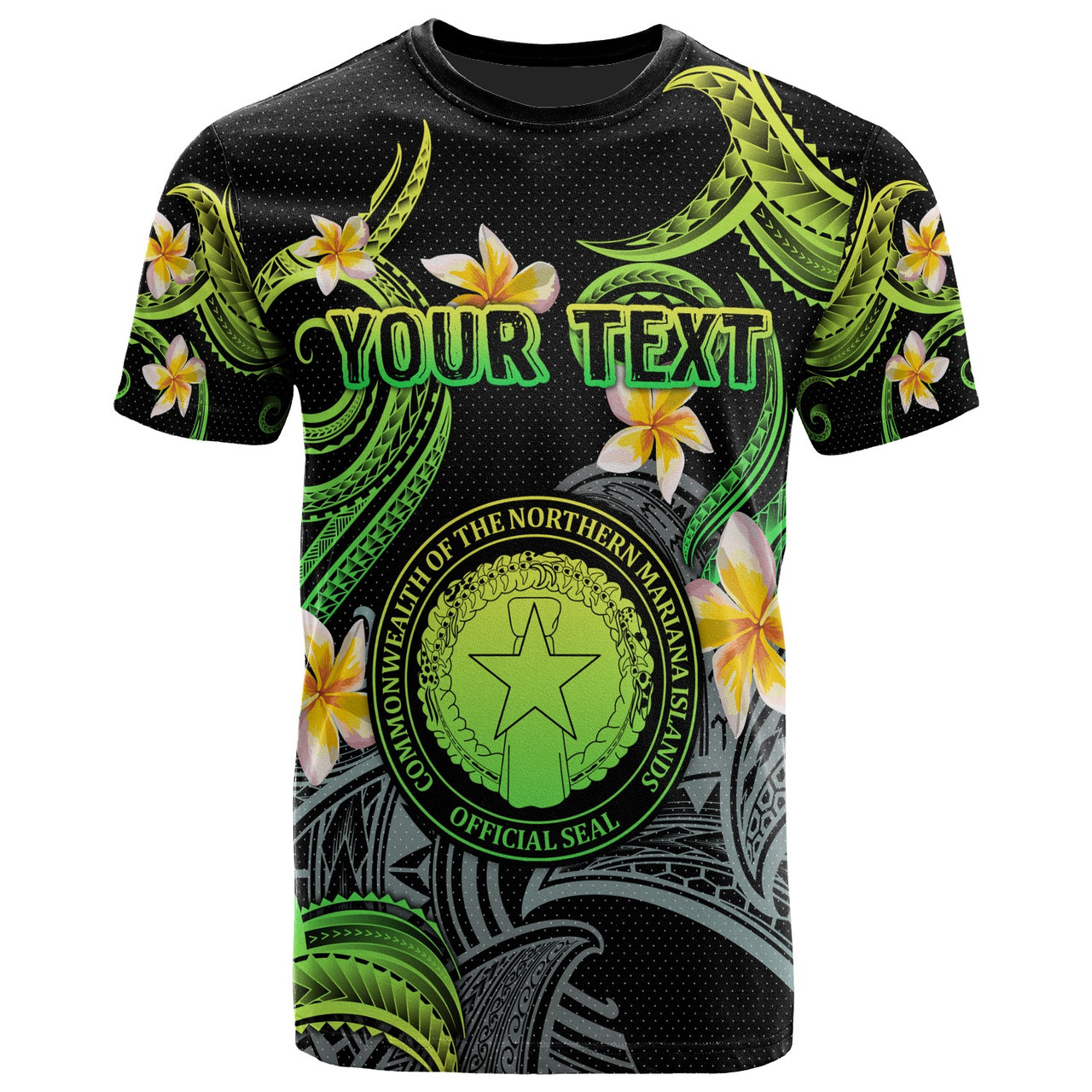 CMNI T-shirt - Custom Personalised Polynesian Waves with Plumeria Flowers (Green)