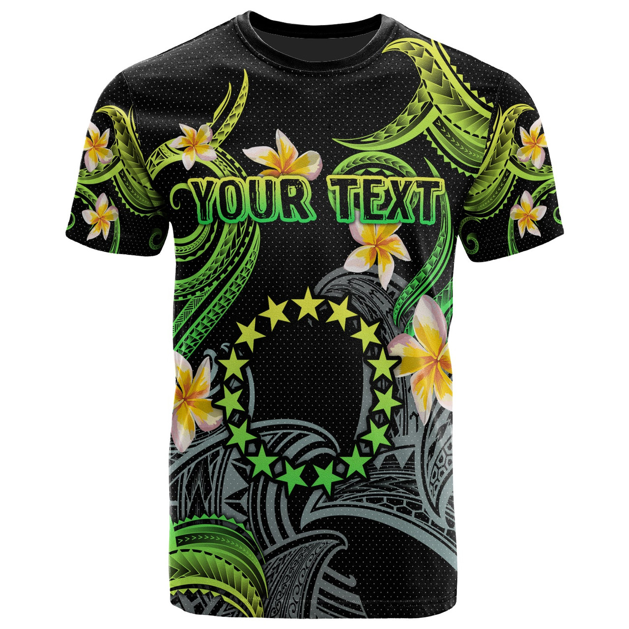 Cook Islands T-shirt - Custom Personalised Polynesian Waves with Plumeria Flowers (Green)