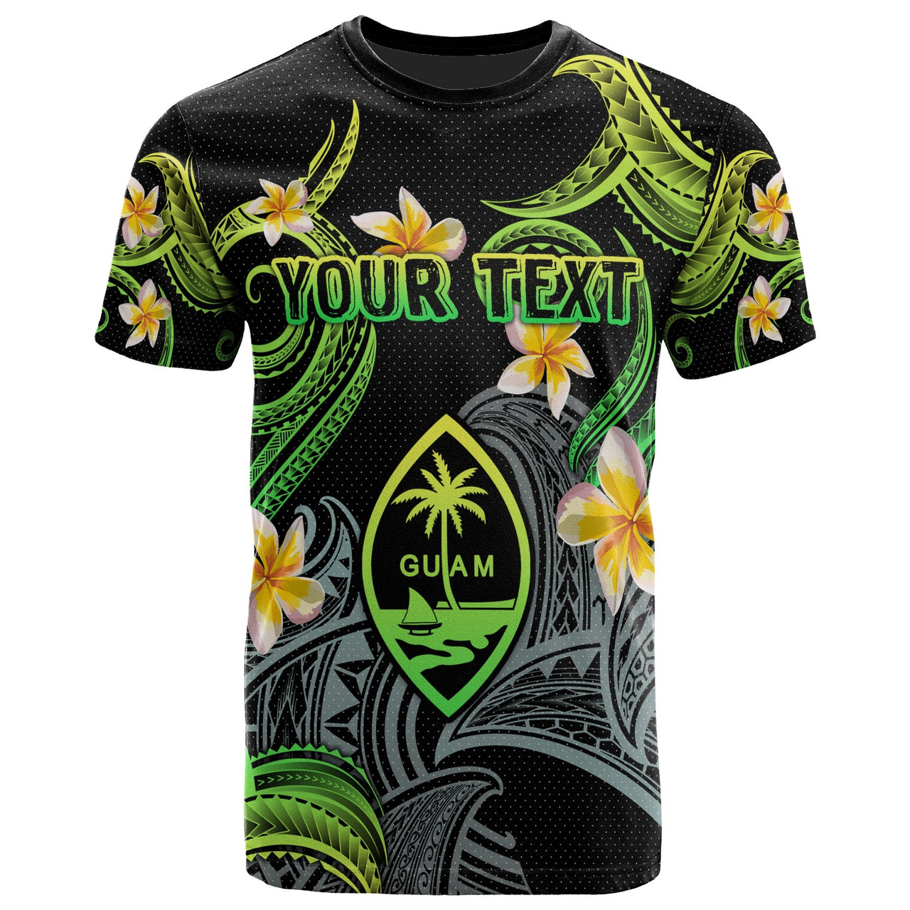 Guam T-shirt - Custom Personalised Polynesian Waves with Plumeria Flowers (Green)