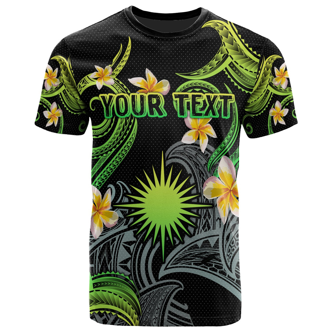 Marshall Islands T-shirt - Custom Personalised Polynesian Waves with Plumeria Flowers (Green)