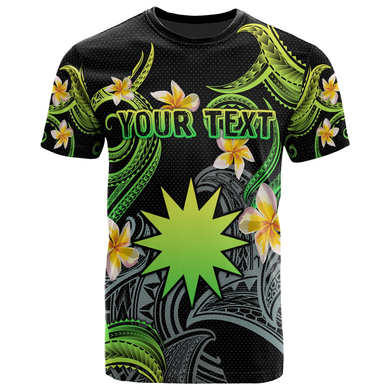 Nauru T-shirt - Custom Personalised Polynesian Waves with Plumeria Flowers (Green)