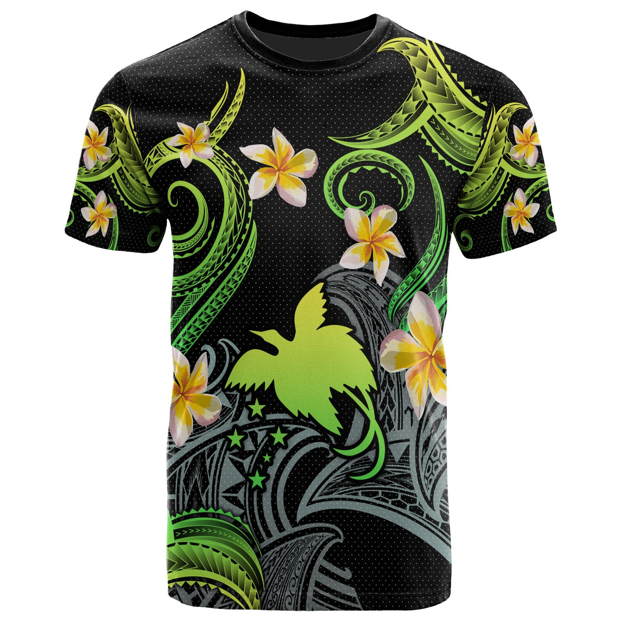 Papua New Guinea T-shirt - Custom Personalised Polynesian Waves with Plumeria Flowers (Green)