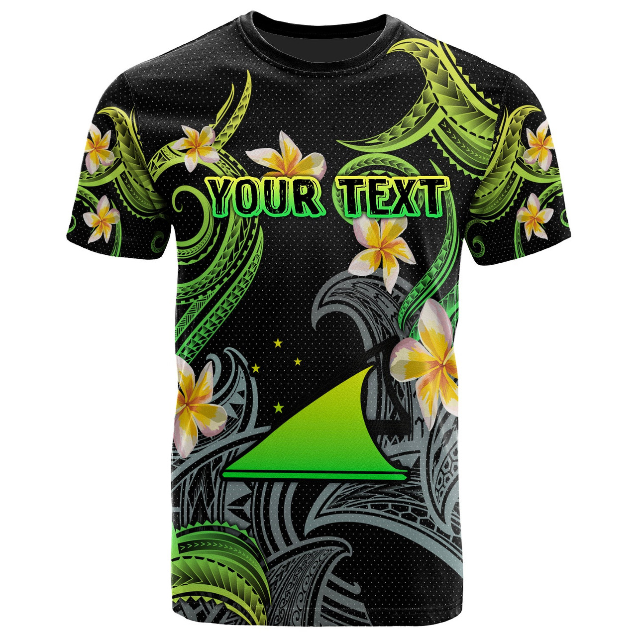 Tokelau T-shirt - Custom Personalised Polynesian Waves with Plumeria Flowers (Green)