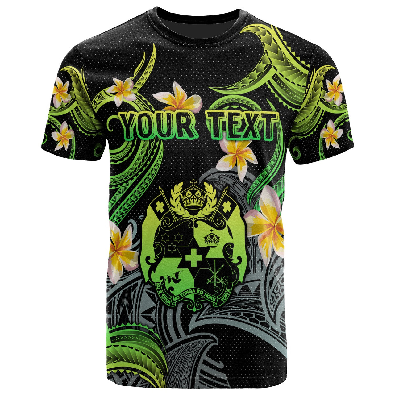 Tonga T-shirt - Custom Personalised Polynesian Waves with Plumeria Flowers (Green)