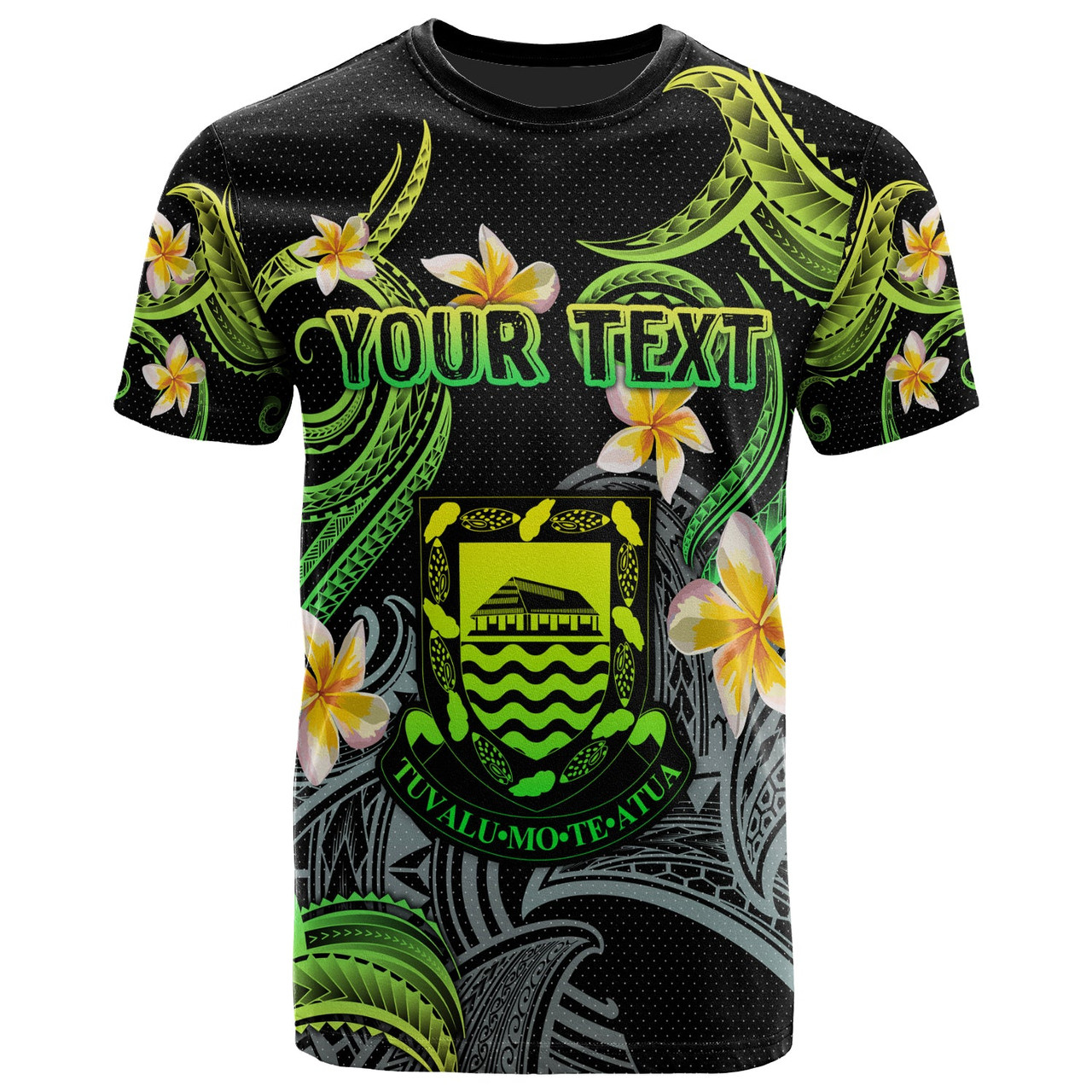 Tuvalu T-shirt - Custom Personalised Polynesian Waves with Plumeria Flowers (Green)