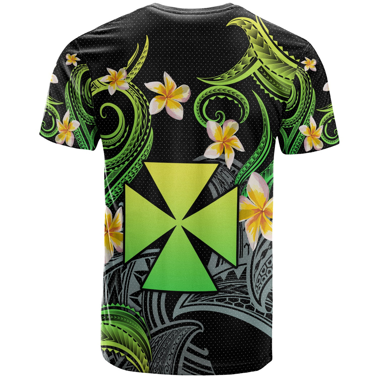 Wallis and Futuna T-shirt - Custom Personalised Polynesian Waves with Plumeria Flowers (Green)