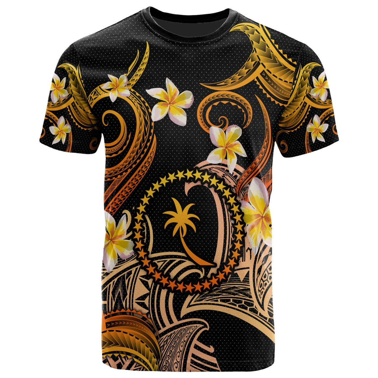 Chuuk T-shirt - Custom Personalised Polynesian Waves with Plumeria Flowers (Orange)