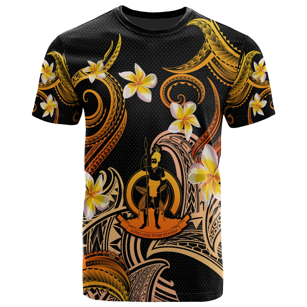 Vanuatu T-shirt - Custom Personalised Polynesian Waves with Plumeria Flowers (Orange)