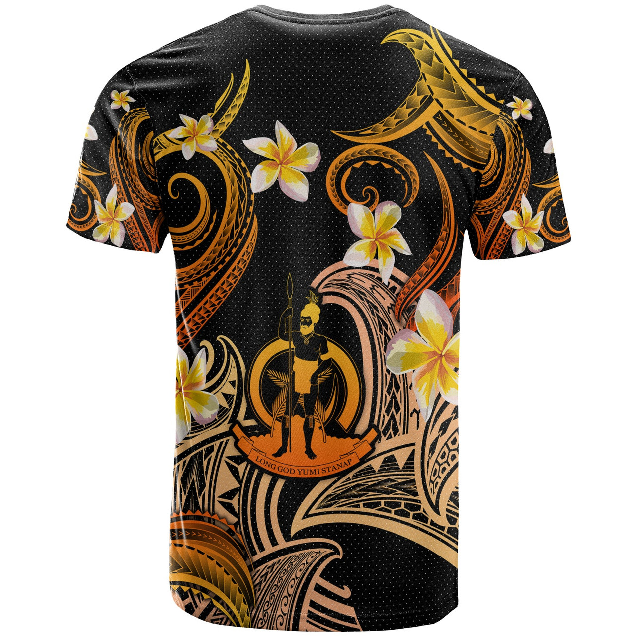 Vanuatu T-shirt - Custom Personalised Polynesian Waves with Plumeria Flowers (Orange)