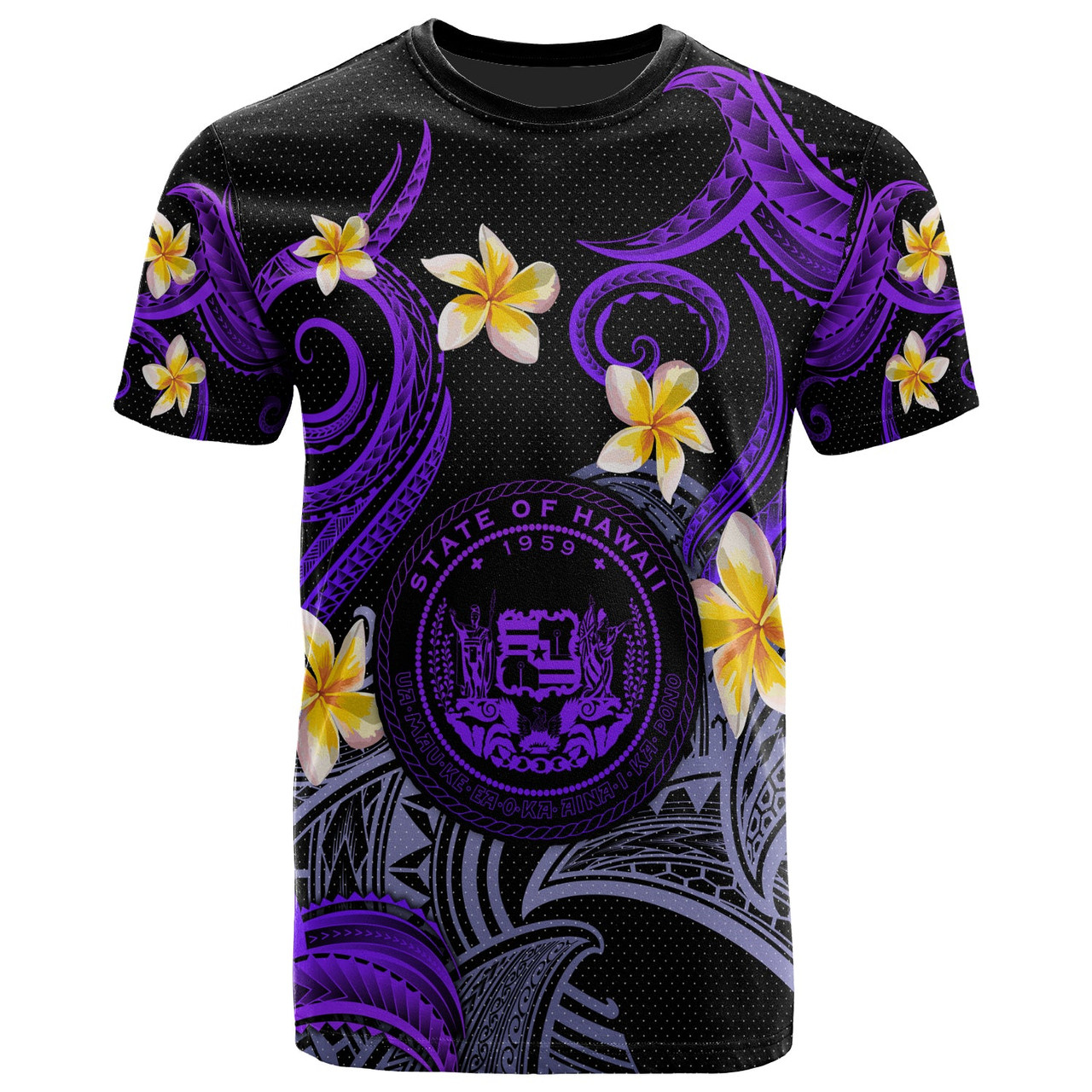 Hawaii T-shirt - Custom Personalised Polynesian Waves with Plumeria Flowers (Purple)