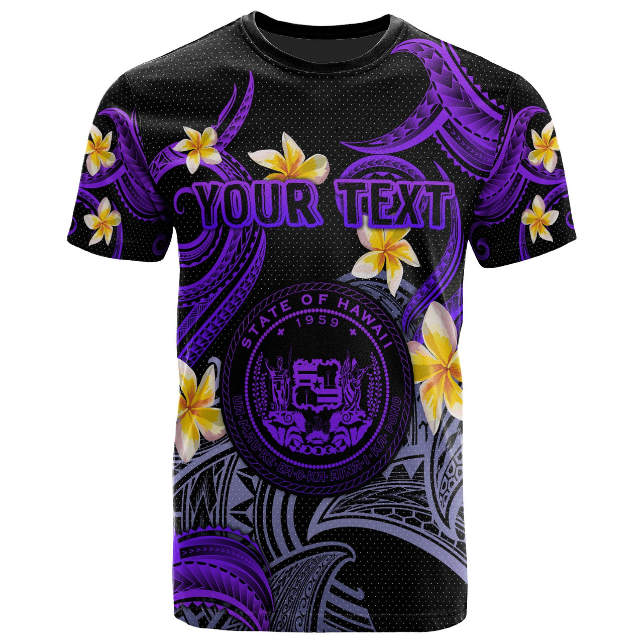 Hawaii T-shirt - Custom Personalised Polynesian Waves with Plumeria Flowers (Purple)