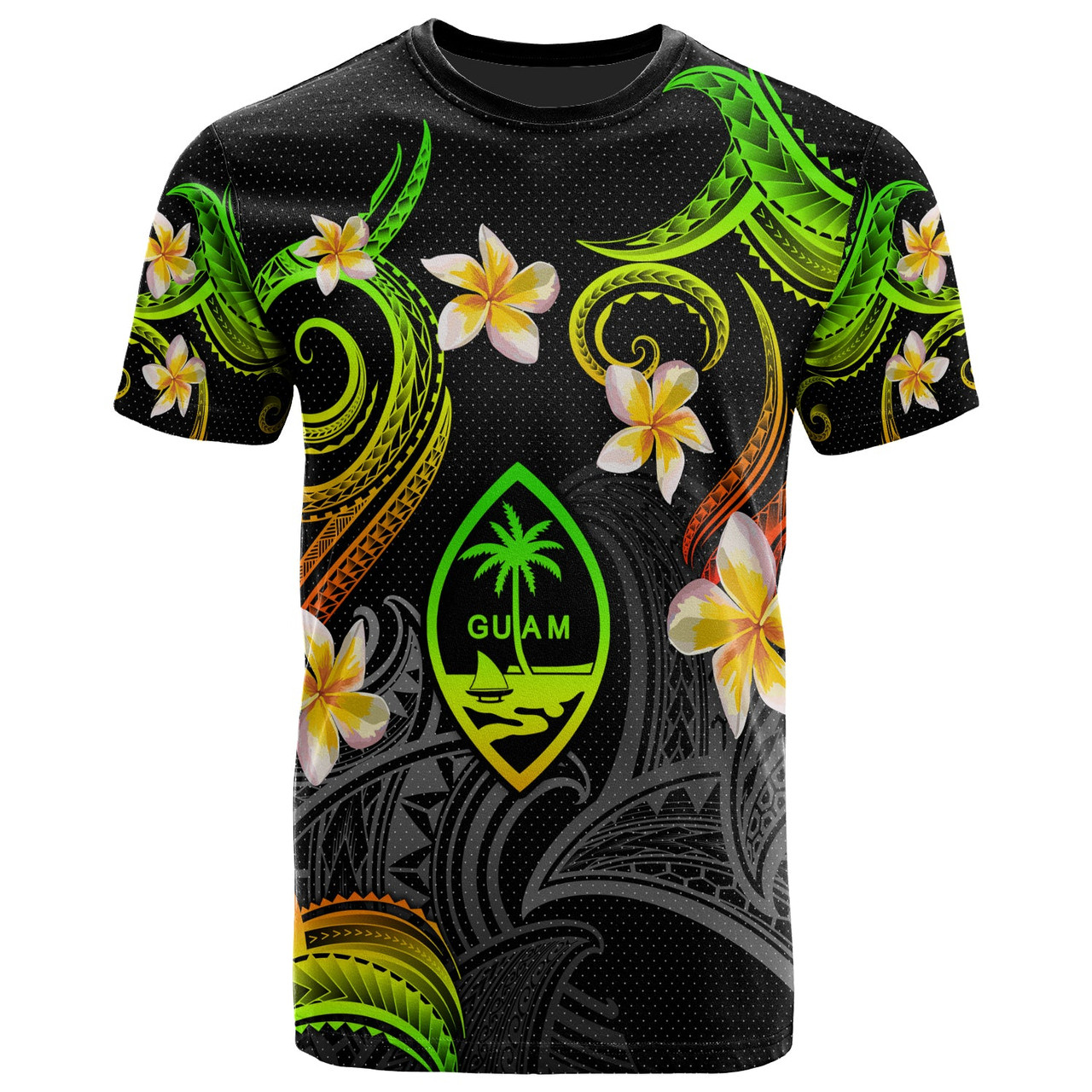 Guam T-shirt - Custom Personalised Polynesian Waves with Plumeria Flowers (Reggae)