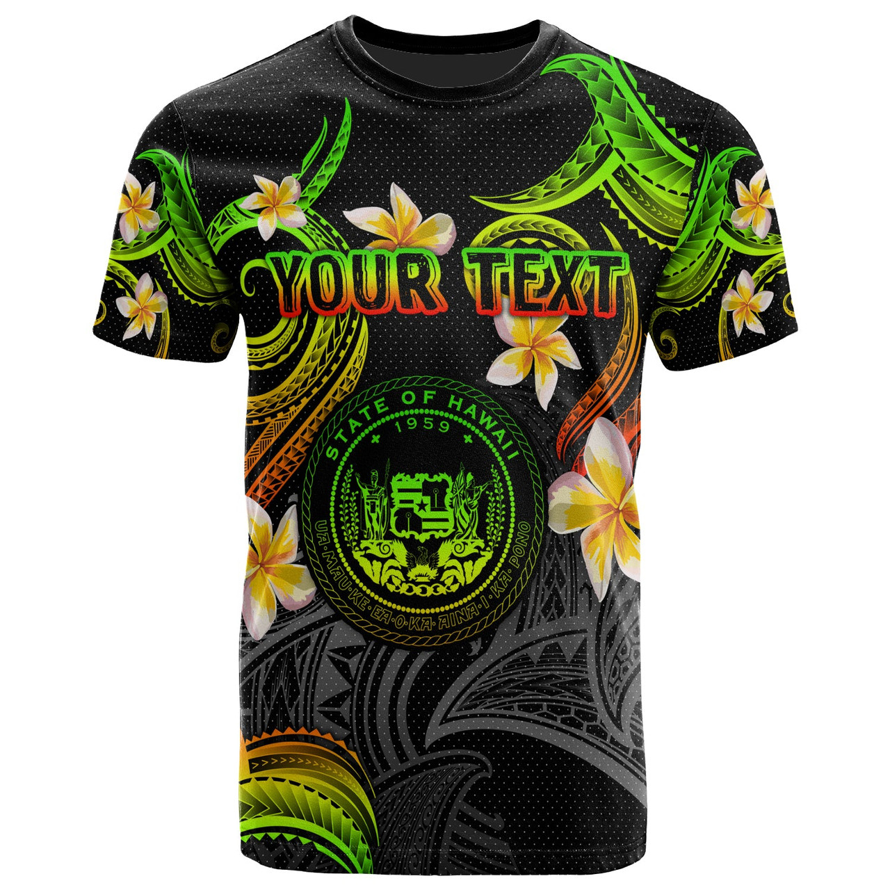 Hawaii T-shirt - Custom Personalised Polynesian Waves with Plumeria Flowers (Reggae)