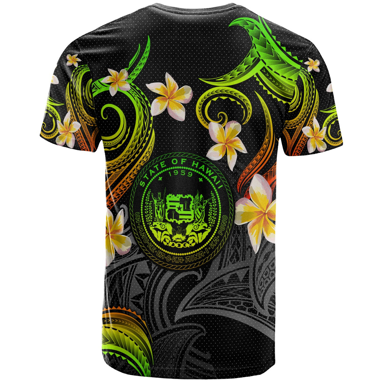 Hawaii T-shirt - Custom Personalised Polynesian Waves with Plumeria Flowers (Reggae)