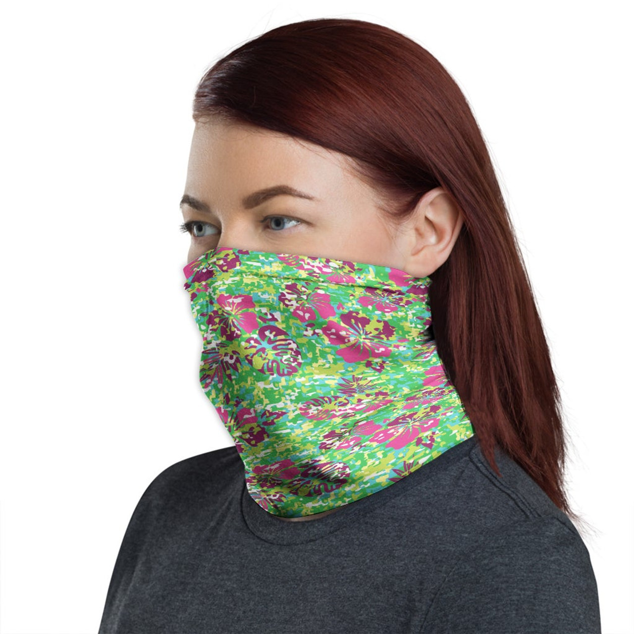 Polynesian Neck Gaiter - Camo Poly Patterns Hibiscus 12 1