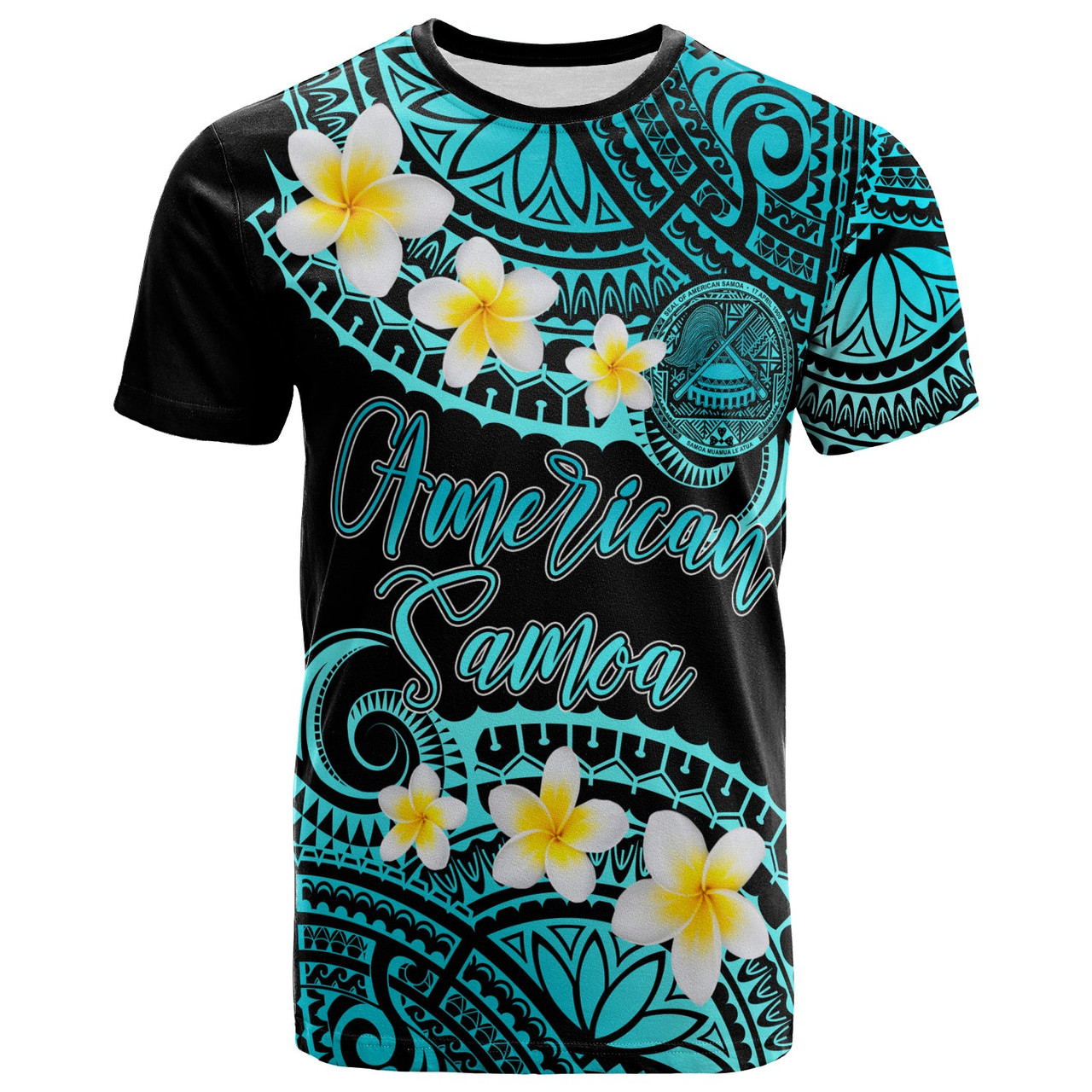 American Samoa Custom Personalised T-Shirt - Plumeria Polynesian Vibe Turquoise 1