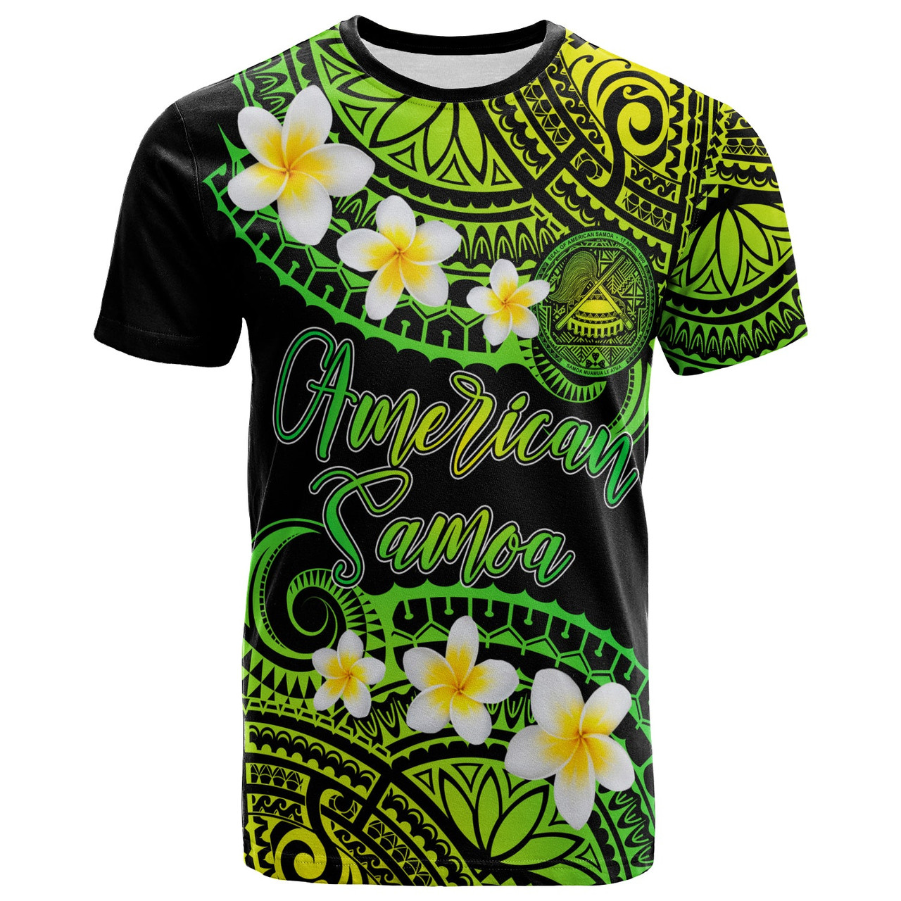 American Samoa Custom Personalised T-Shirt - Plumeria Polynesian Vibe Green 1