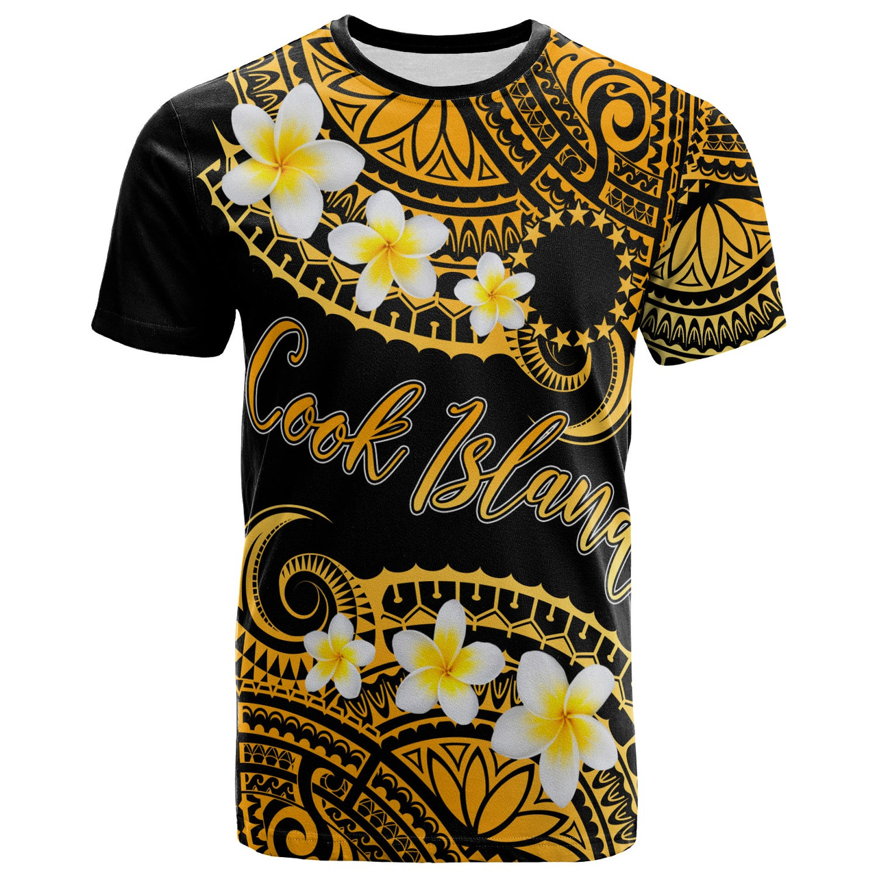 Cook Islands Custom Personalised T-Shirt - Plumeria Polynesian Vibe Gold 1