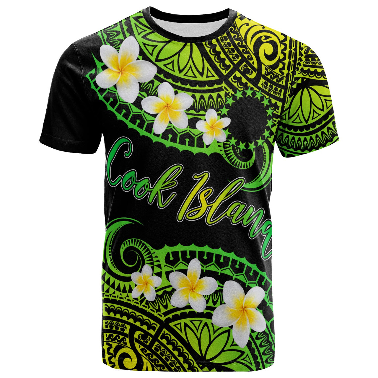 Cook Islands Custom Personalised T-Shirt - Plumeria Polynesian Vibe Green 1
